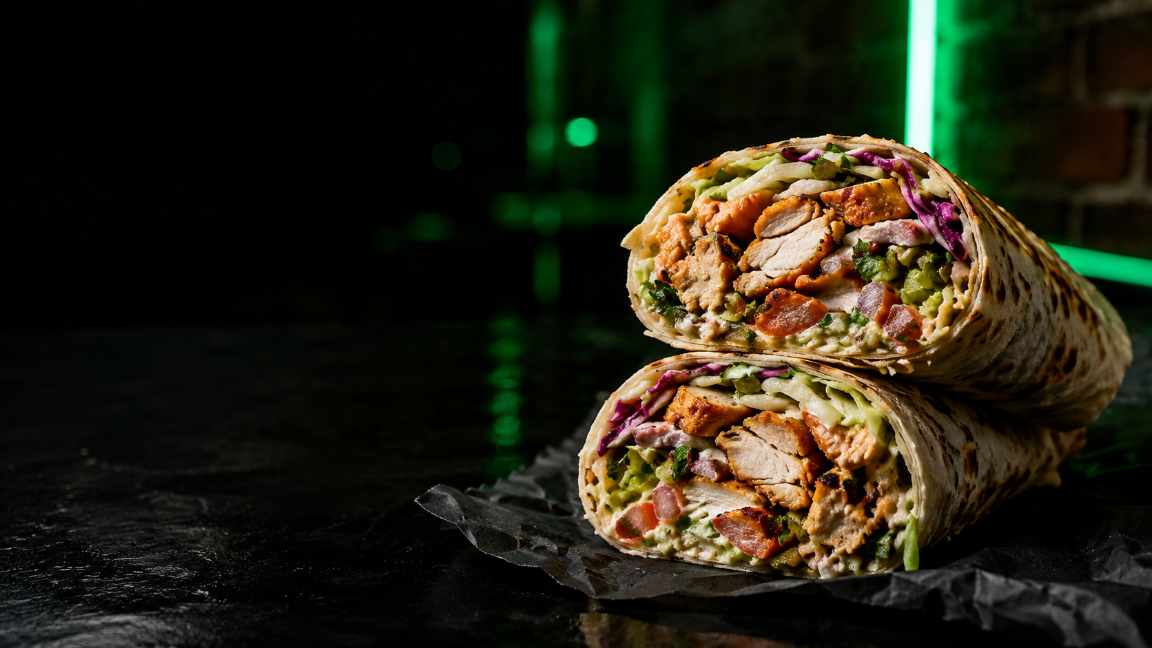 Fresh chicken shaurma wraps with vegetables and herbs